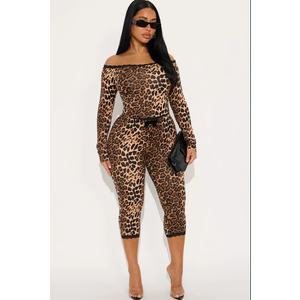 Fiona off shoulder leopard Capri set brown/combo 3X
