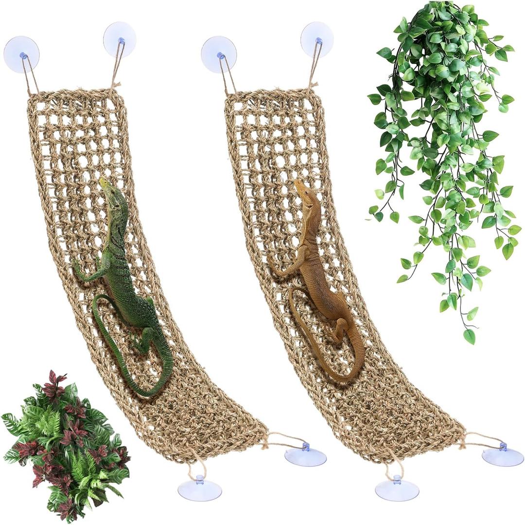 2 Pcs Bearded Dragon Hammock Reptile Lounger, Natural Seagrass Climbing Habitat Decor with Jungle Theme for Lizards, Geckos, Snakes, Iguanas, Amphibians and Terrarium