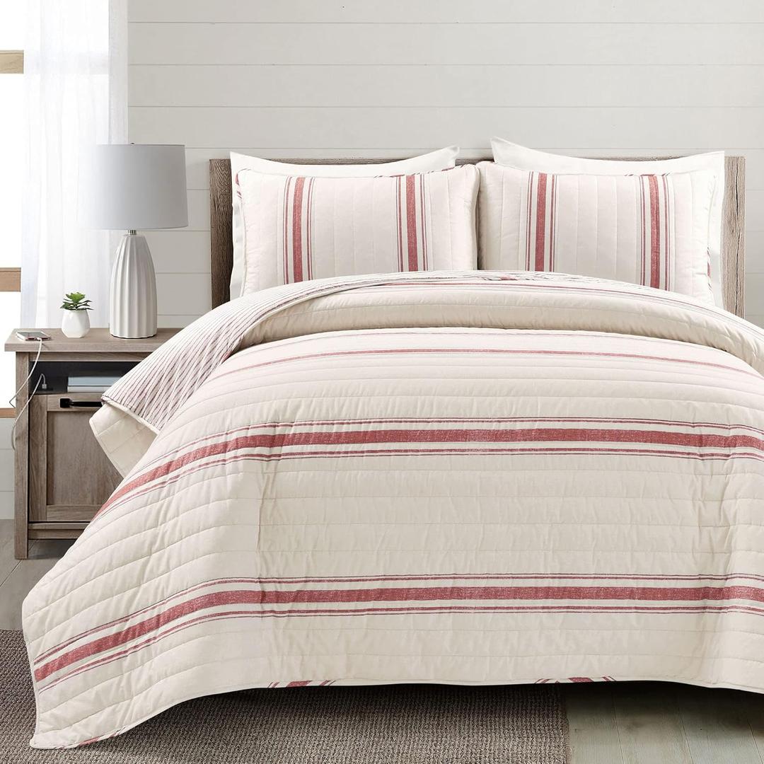 Lush Decor Farmhouse Stripe Reversible Cotton Quilt Set, 3 Piece Set, King, Red -- King Size Bedding Set - Farmhouse Bedroom - Red Quilt - Striped Bedding