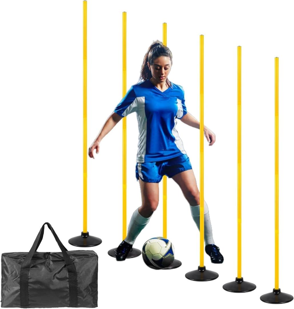 6 Pcs 5 FT Adjustable Agility Training Poles for Soccer, Basketball, Football, Horse, Dog-Speed and Agility Training Equipment Sports Training Poles with Rubber Bases and Bag