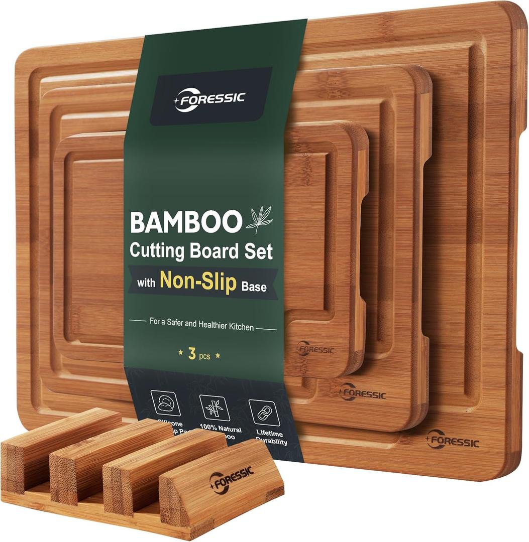 Bamboo Cutting Board, Non Slip Wood Cutting Boards for Kitchen 3 Packs Holder and Over Sink Nice Solid Thick Durable Cutting Boards for Kitchen Large Small Vegetables Fruits Kitchen Gifts (Carbonized) (Brown)