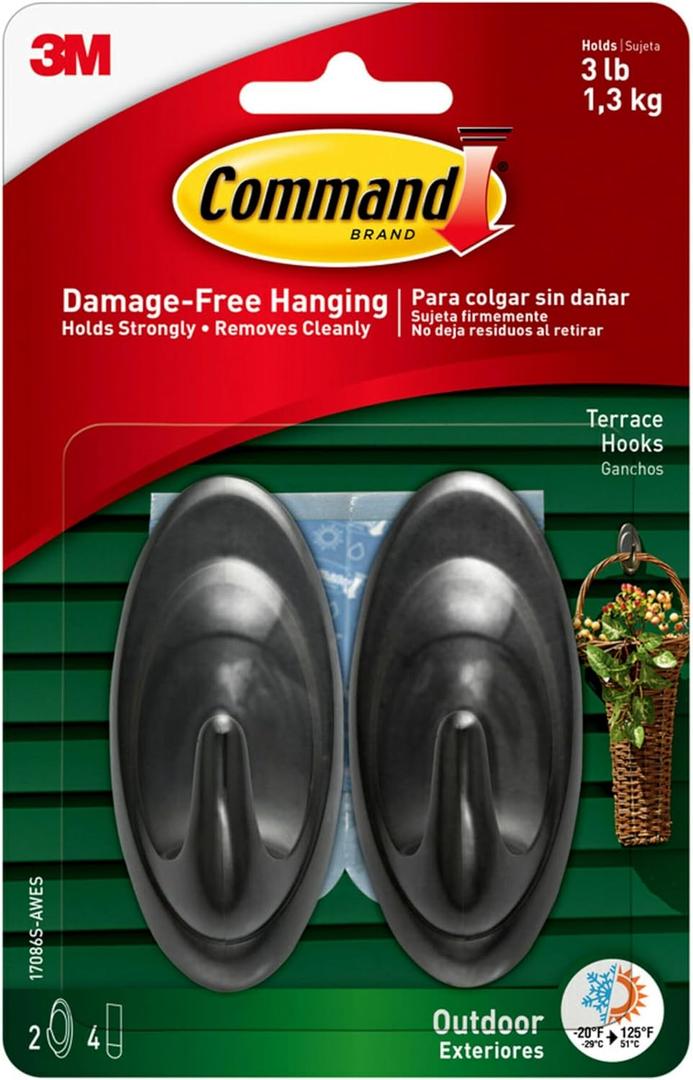 Command Outdoor Terrace Hooks, 2 Hooks and 4 Strips, Damage-Free Hanging Wall Hook for Hanging Outdoor Wall Decor with Weather Resistant Strips, Holds up to 3 lb (Medium)