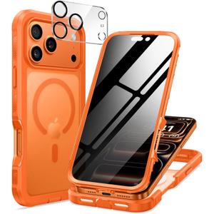 seacosmo for iPhone 17 Pro Max Case, Full Body Bumper with Built-in Tempered Glass Privacy Screen and Camera Lens Protector, Compatible with MagSafe, Shockproof 17 ProMax Phone Case 6.9", Orange Matte