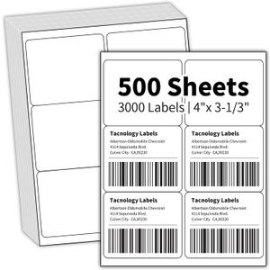500 Sheets 4" x 3-1/3" Shipping Labels, 6 Labels/Sheet, 3000 Total | Compatible with Laser & Inkjet Printers, Strong Adhesive, Simple to Peel, Perfect for Mail Address Paper