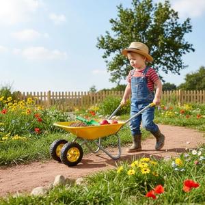 Kids Gardening Tool Set Wheel barrow, Toddler Metal Wheelbarrow Birthday Gift for Kids Outdoor Toys Sowing, Digging Sand, Sweeping Leaves, Shoveling Snow(Yellow)