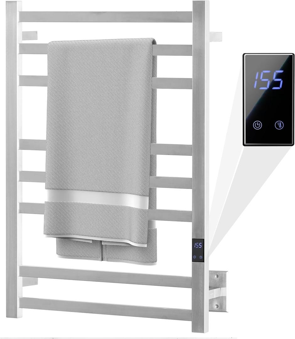 8-Bar Heated Towel Rack  Quick Heating Electric Towel Warmer with Adjustable Temperature and 24-Hour Timer, Brushed 304 Stainless Steel, Hardwired or Plug-in, Luxury Bathroom Towel Heater