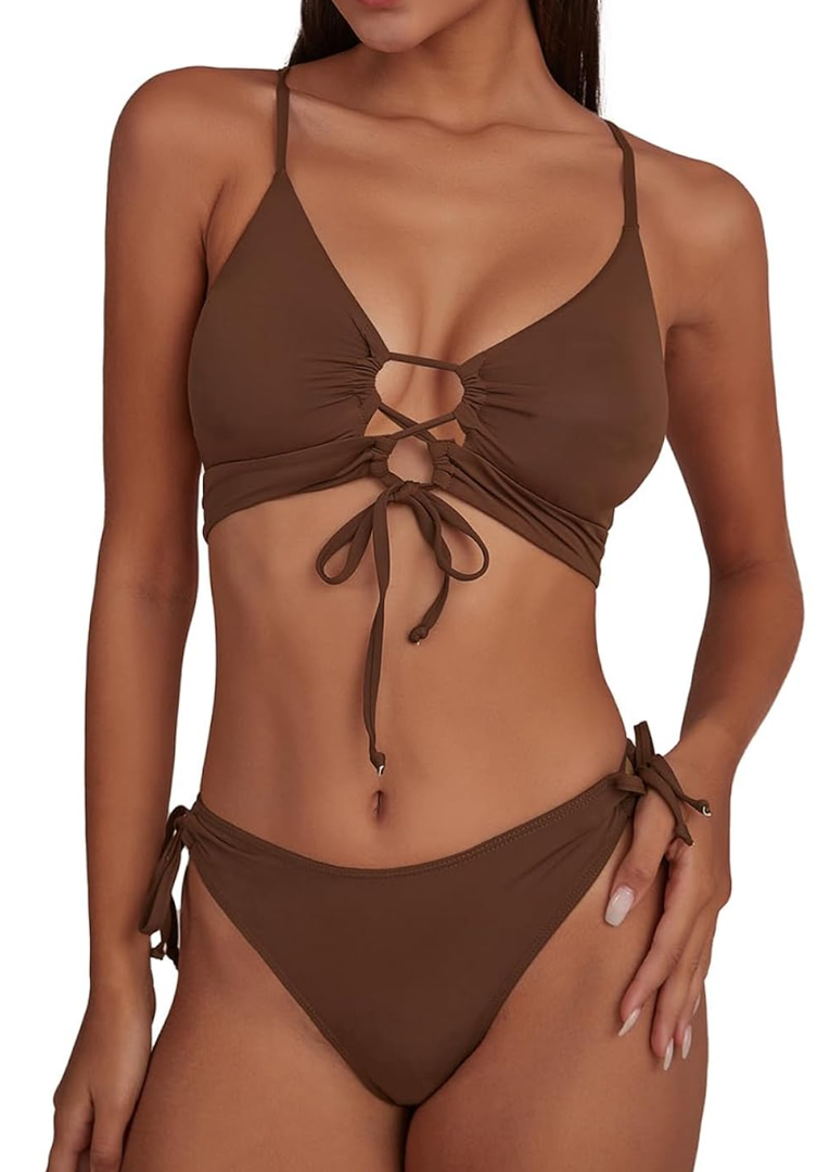 CHYRII Womens Sexy Cutout Bikini Sets Lace Up High Cut Thong Two Piece Swimsuit, Large