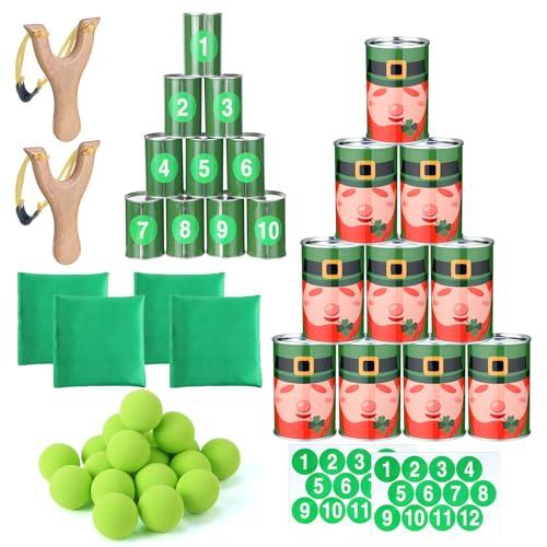 Teyva Daily 37 Pcs St. Patrick's Day Party Game Knockdown Can Set, 2 in 1 Bean Bag Toss and Slingshot Shooting Game with Metal Cans Bean Bags Slingshots Foam Balls for Family Gathering Carnival Party