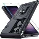 Janmitta Compatible with Samsung Galaxy S25 Ultra Case Built in Slide Camera Lens Cover+Screen Protector+Finger Ring Holder Kickstand,Heavy Duty Shockproof Full Body Phone Cover,2025 Black | Screen Protector, Finger Ring Holder, Kickstand, Heavy Duty, Shockproof