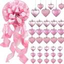 37 Pcs Pink Valentines Day Ornaments Set with Tree Topper 12 x 34 Inches Large Bow and 36 Pcs Flash Heart Ornaments with Wired Edge for Valentine Christmas Tree Decorations Hanging Wreath
