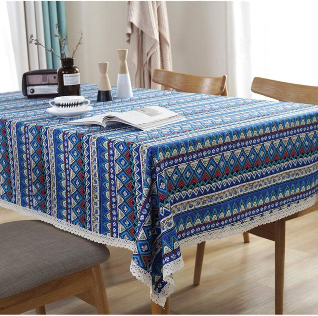 Bringsine Cotton Linen Lace Bohemian Style Boho Rectangle Tablecloth Dinner Picnic Table Cloth Cover for Home Decoration (Oblong, 55 x 79 Inch