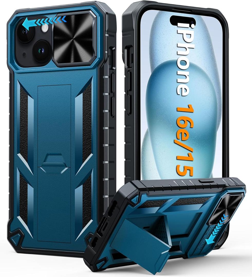 FNTCASE for iPhone 15 Protective Phone-Case: for iPhone 16e Military Grade Dropproof Cell Phone Cover with Kickstand & Slide | Heavy Duty Rugged Phonecase Bumper Textured (Blue)
