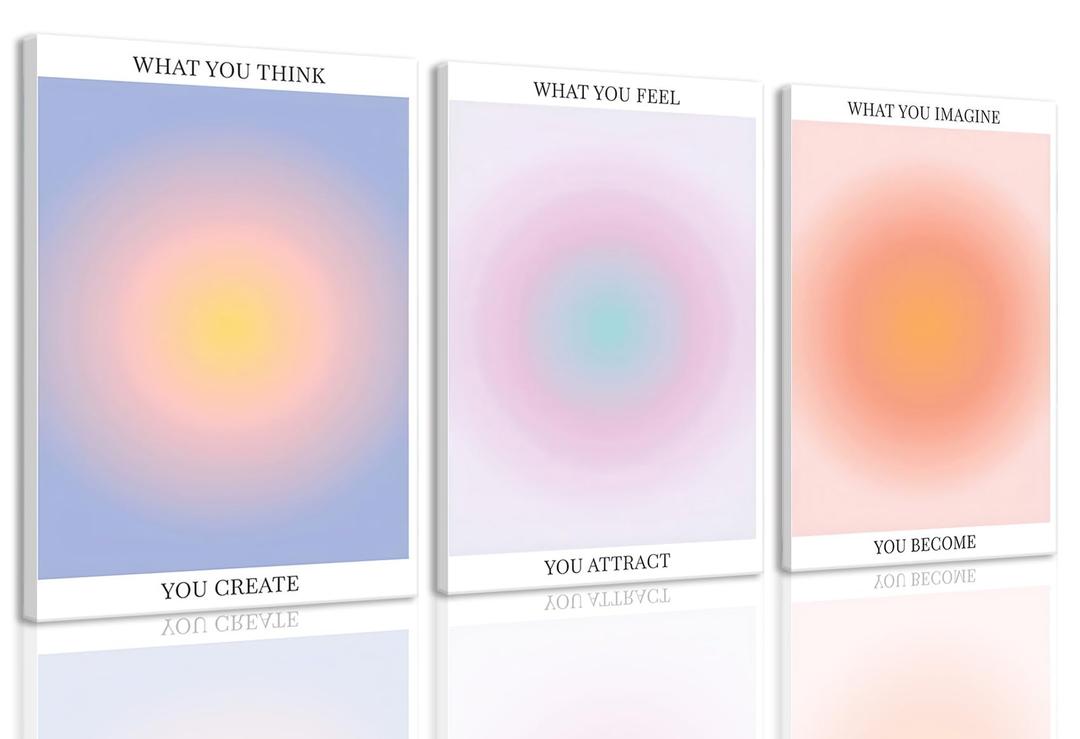 KISSFOX 3 Piece Canvas Wall Art Pink Orange Blue Wall Decor Aura Framed Art What You Think Feel Imagine Pictures Trendy Aesthetic Preppy Paintings For Apartment Dorm Women Girls Bedroom