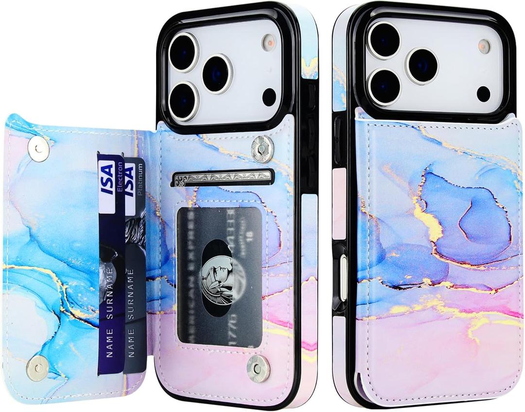 HAOPINSH Wallet Case with Card Holder for iPhone 17 Pro, Pink Blue Marble Pattern Back Flip Folio PU Leather Kickstand Card Slots Case, Double Magnetic Clasp Shockproof Cover 6.3"