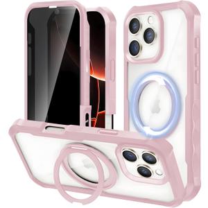 Privacy Case for iPhone 16 Pro with 360° Rotatable Stand, Fit for MagSafe, Military Grade Drop Tested, 9H Privacy Screen Protector Ring Kickstand Anti Peep Full Body Shockproof Rugged Magnetic Case