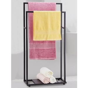 Towel Racks for Bathroom, 39'' Tall 2 Tier Bathroom Towel Stand with Storage Shelves, Modern Standing Pool Drying Rack for Outdoor, Black, ALHAKIN