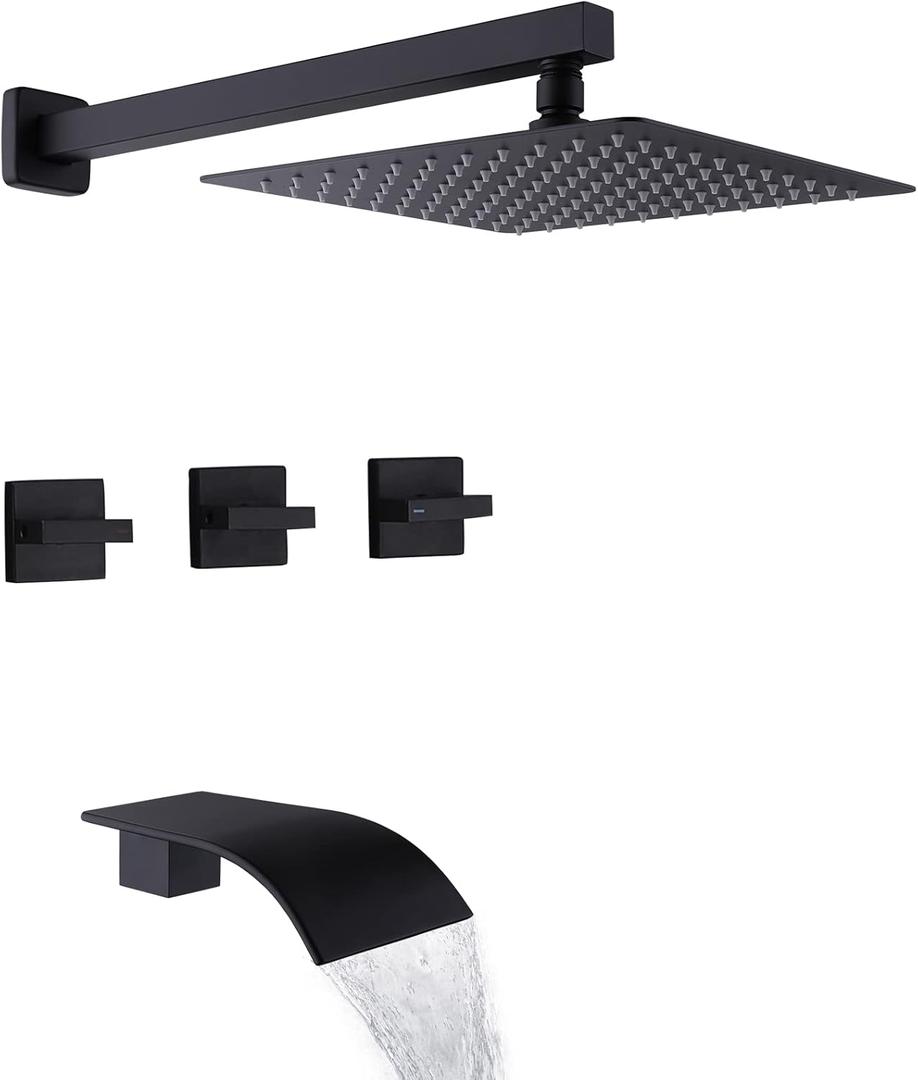 3 Handles Tub Shower Faucet,Shower Faucet Set with Waterfall Tub Spout,Shower Trim Kit with Valve,Wall Mounted,Matte Black