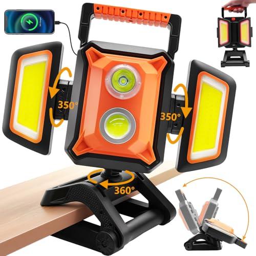 Tresda 4000LM LED Work Light Rechargeable with Clamp, 40W Magnetic Work Light Battery Powered with 5 Light Modes, 350° Rotation, Portable Job Site Lighting for Construction Site,Workshop,Car Repairing