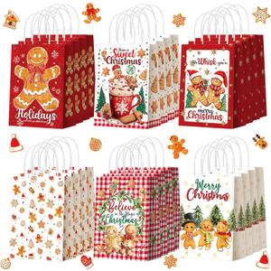 Kolldenn 24 Pcs Christmas Gingerbread Party Favors Bags Christmas Goodie Gift Paper Bags with Handles Xmas Tree Gingerbread Coffee Candy Treat Bag for Xmas Party Decorations Holiday Birthday Supplies (Gold)