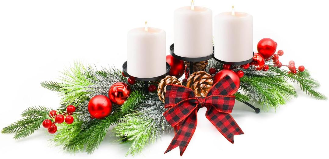 MrMrKura Christmas Centerpiece with 3 Candle Holders, Table Christmas Decorations with Pine Cones Gold Berries Bowknot and Baubles for Dining Home Party (Red)