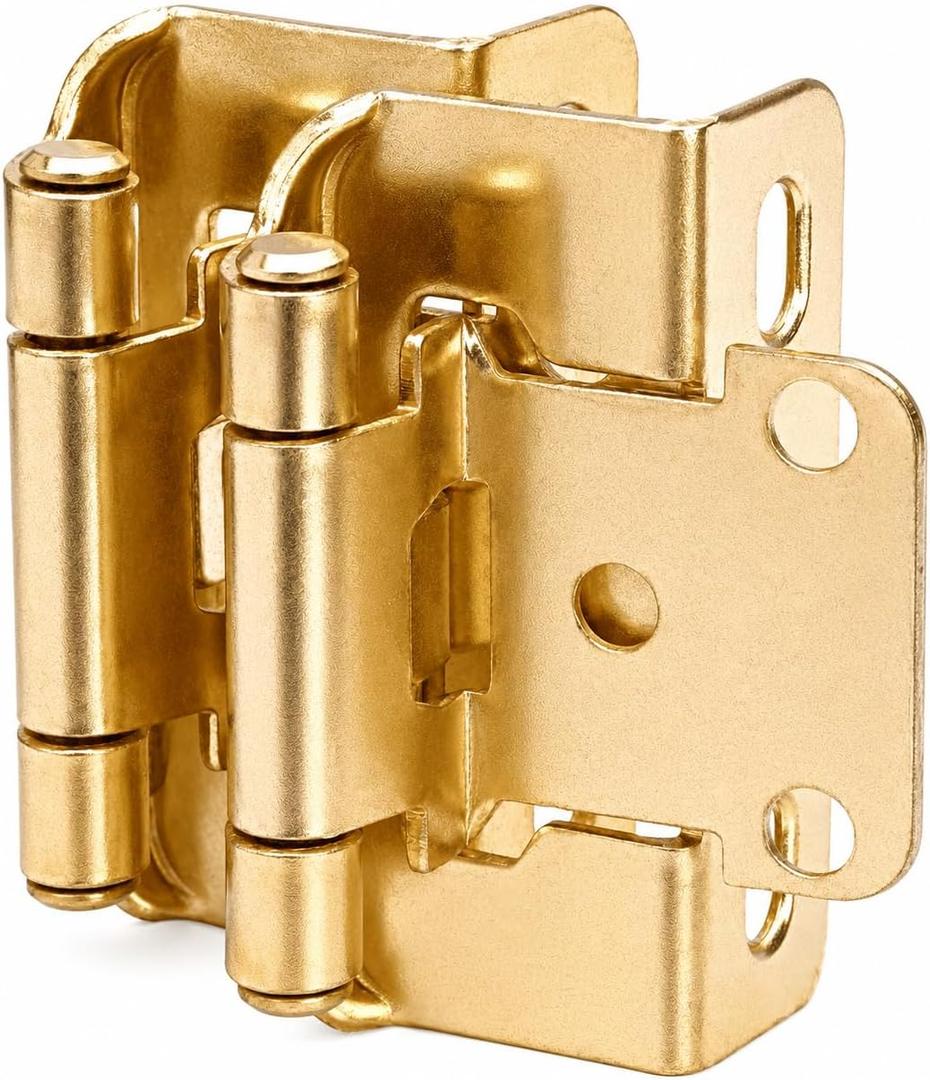 50 Pack 1/2" Overlay Brushed Gold Cabinet Hinges for Cabint Doors (25 Pairs) – Self-Closing Partial Wrap Semi-Concealed Face Frame Hinge for Kitchen Doors w/Screws & Quiet Bumpers