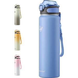 Enerbone 32 oz Insulated Water Bottle, Stainless Steel Bottle with Carrying Strap, Double-Wall Vacuum Insulation Design, Leakproof Sports Bottle with Straw, Keep Drinks Cold or Hot for Hours (Icy Blue)