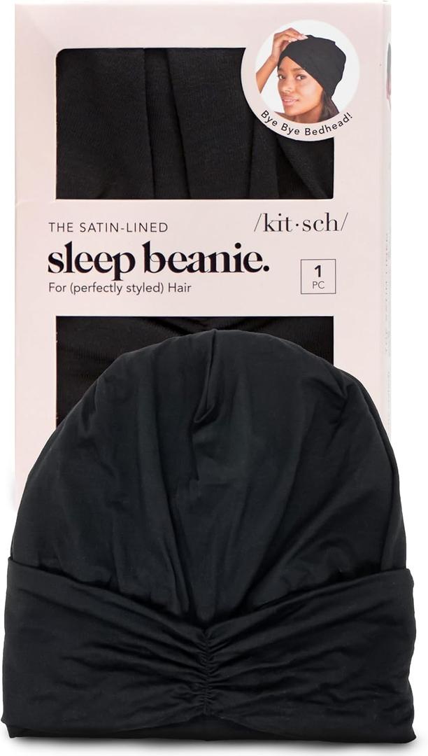 Kitsch Satin Lined Beanie - Softer than Silk Beanie For Sleeping Women, Breathable Hair Cover for Sleeping, Slouchy Beanies, Bonnets for Women, Hair Wrap, Reduce Breakage for Frizz-free Hairs - Black