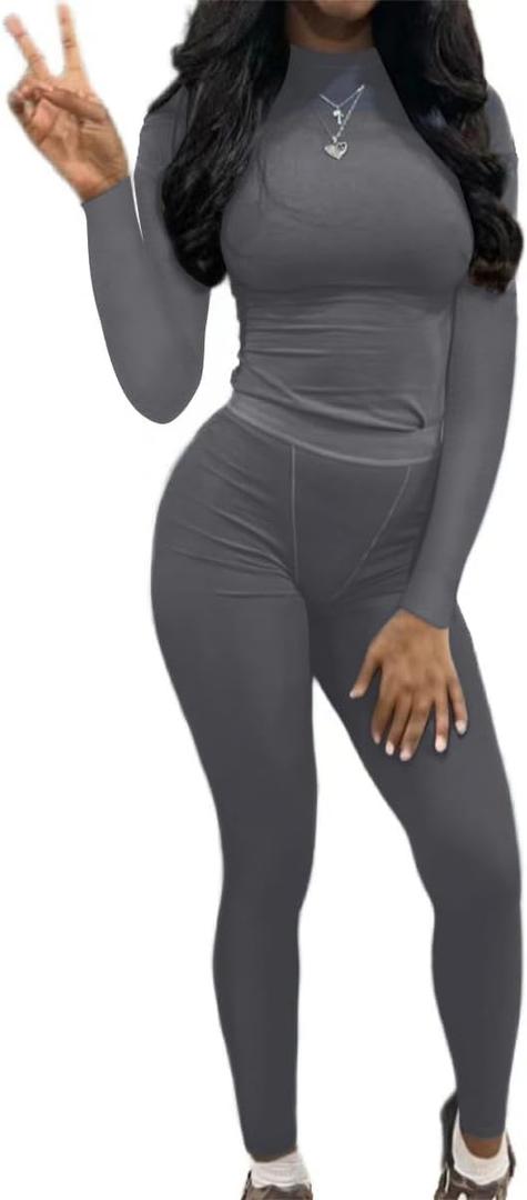 AYWA Women's 2 Piece Outfits Ribbed Long Sleeve Fitted T-shirt High Waist Leggins Shorts Casual Matching set (S)
