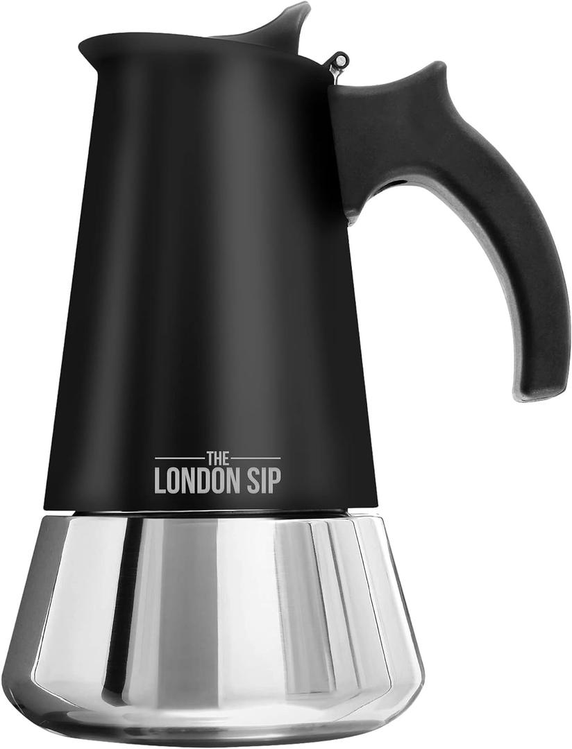 London Sip Stainless Steel Stovetop Espresso Maker Moka Pot Italian Coffee Percolator, Matte Black, 6 Cup