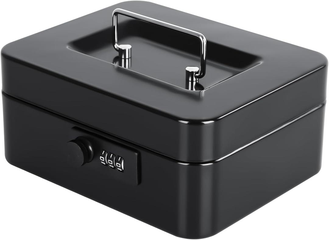 KYODOLED Cash Box with Combination Lock Safe Metal Money Box with Money Tray for Security Lock Box 7.87"x 6.30"x 3.35" Black (Medium)