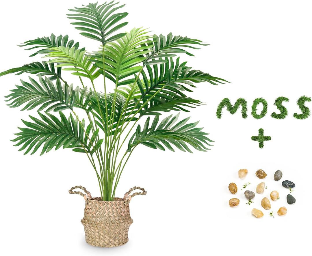 Der Rose Fake Palm Tree 28Inch Tall Fake Plant Potted Faux Areca Artificial Tree with Hand-Woven Baskets with Handles for Indoor Outdoor Home Office Bedroom Porch Balcony Decor
