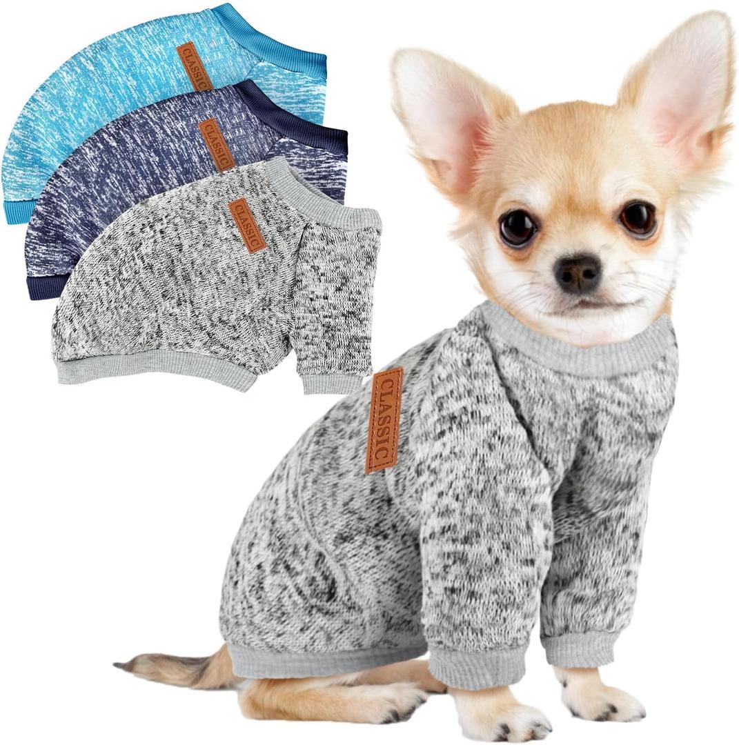 3 Pack Dog Sweaters for Small Dogs Girl Boy Winter Fleece Clothes Warm Soft Dog Sweatshirt Outfit for Dogs Cats Pet Apparel, XS (Back: 9.8", Chest: 13.7", 3.5-5.5 lbs), Navy Blue+Grey+Light Blue)