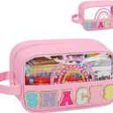 MONSTINA Snack Bag Clear Pouch, Makeup Travel Toiletry Bag, Clear Embroidery Letters Cosmetic Bag for Women Girls,Valentine's Gifts for Teens, A-Pink