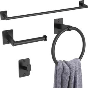 Matte Black Bathroom Accessories Set, KLJKPA 4 Pieces Bathroom Hardware Set, 24 inch Towel Bar, Towel Racks for Bathroom, Robe Towel Hooks, Toilet Paper Holder Wall Mounted, Black (4 Piece)