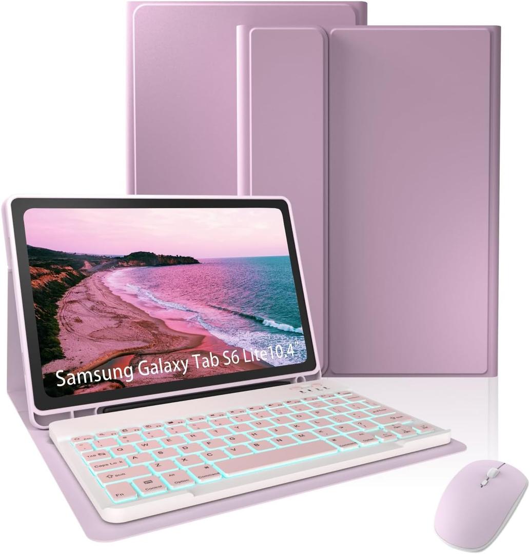 Keyboard Case for Samsung Galaxy Tab S6 Lite 10.4" (SM-P620/P625/P613/P619/P615/P610),Tablet Case with 7-Color Backlit,Detachable Magnetic Keyboard Cover for Galaxy Tab S6 Lite with Mouse.(Pink)