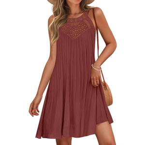 ZESICA Women's 2025 Summer Halter Chiffon Mini Dresses Sleeveless Hollow Out A Line Flowy Ruffle Beach Vacation Sundress, Rust,  Large
