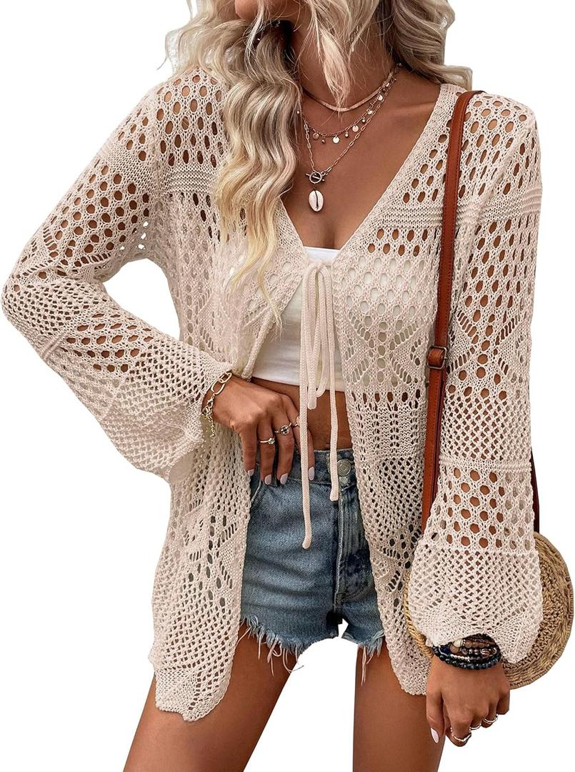 Women Crochet Cardigan Lightweight Tie Front Hollow Out Long Sleeves Summer Knit Cover Cardigans (Large, Khaki)