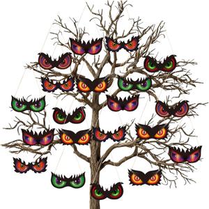 30 Pcs Halloween Ornaments for Tree Wooden Spooky Eyes Ornament with Ropes Hanging Decorations for Outdoor Indoor Bush, Yard, Window, Graveyard Scenes and Party Supplies
