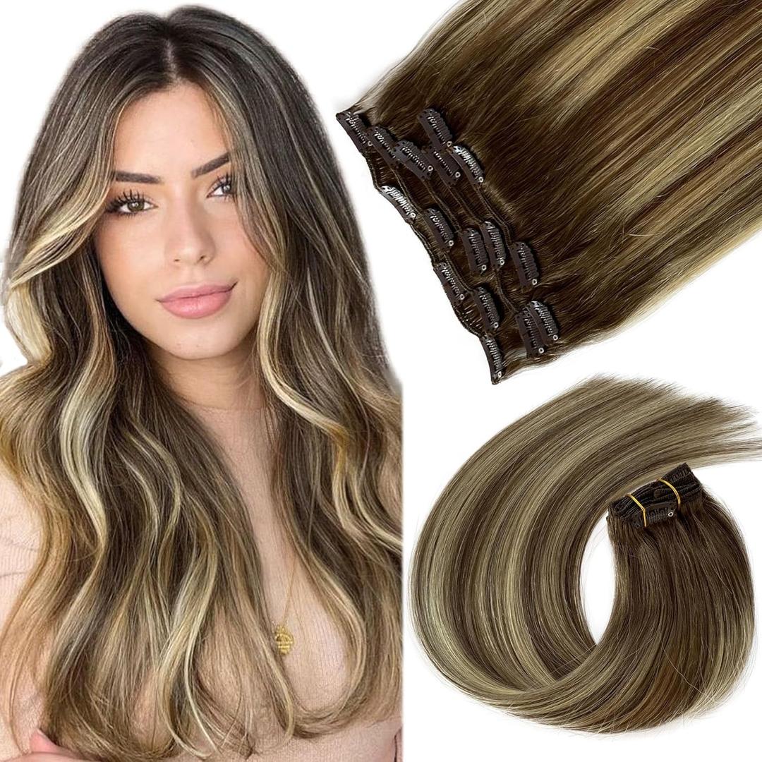 Clip in Hair Extensions Real Human Hair 16 inch Ombre Brown Mixed Honey Blonde Highlight Long Seamless Clip in Hair Extensions for Women Clip in 70G (#8DT60P8D)