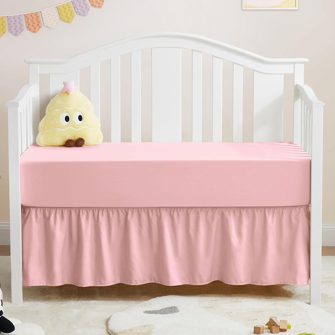 Horbaunal 2 Pack Crib Skirt & Crib Bed Sheet Set, Pink Crib Bed Skirt 28" x 52" with 14" Drop Dust Ruffle, Soft Microfiber Toddler Bedskirt Nursery Crib Bedding Skirt for Baby Girls and Boys