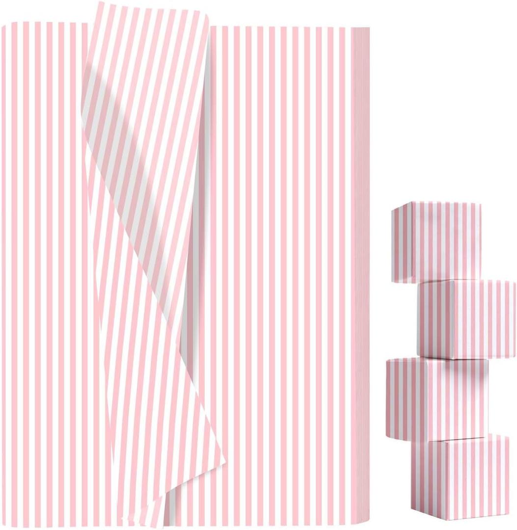 AVXINSOK 100 Sheets Light Pink Striped Tissue Paper 14 x 20 Inches Baby Pink and White Striped Gift Wrapping Tissue Paper for Gift Bags Wedding Birthday Party Packaging Crafts