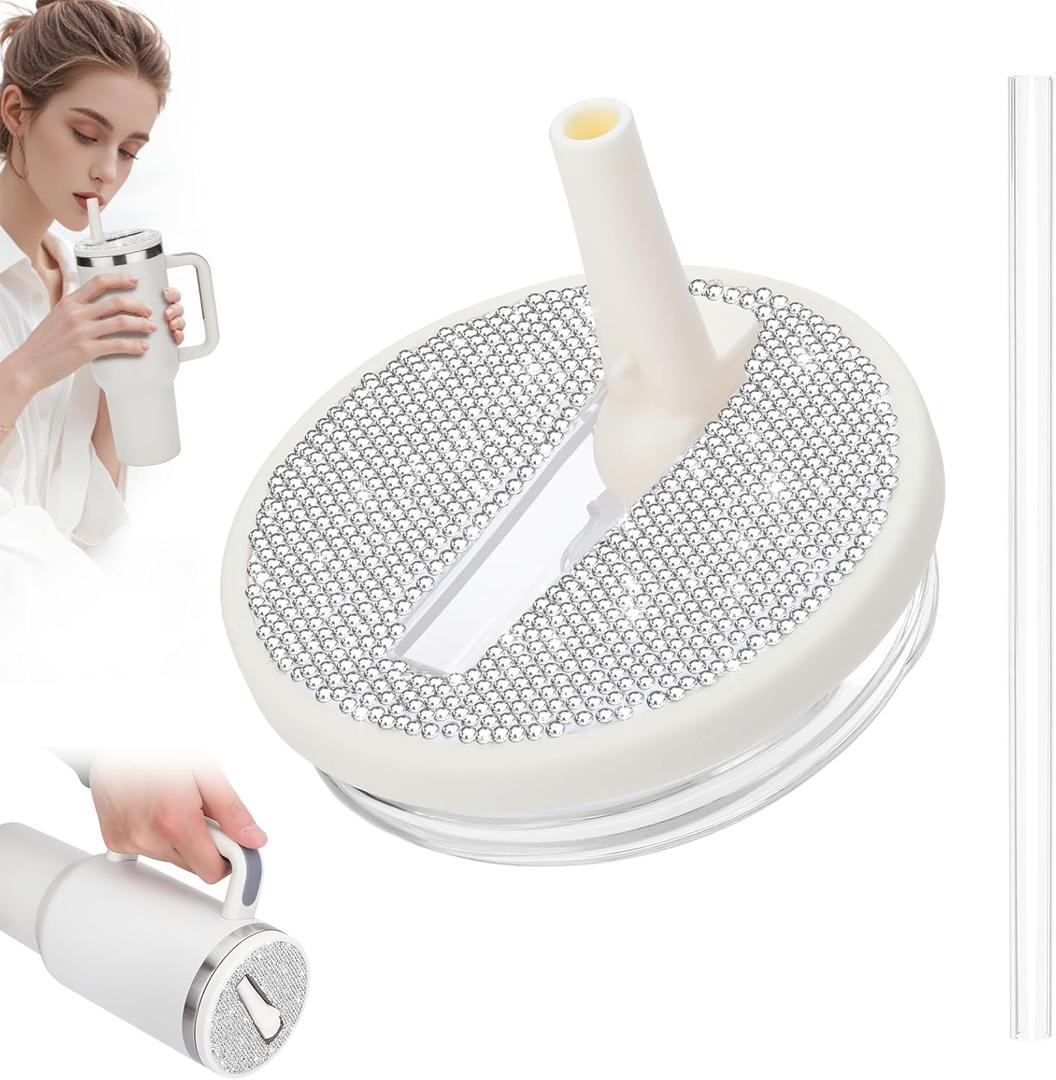 SAVORI 40 oz Tumbler Flip Straw Lid Replacement fit for Stanley Quencher H2.0, Rhinestone 40 oz Leak Proof Lid for Stanley Tumber, Non Spill Lids for Stanley Cup (Cream-White Rhinestone, 40 oz)