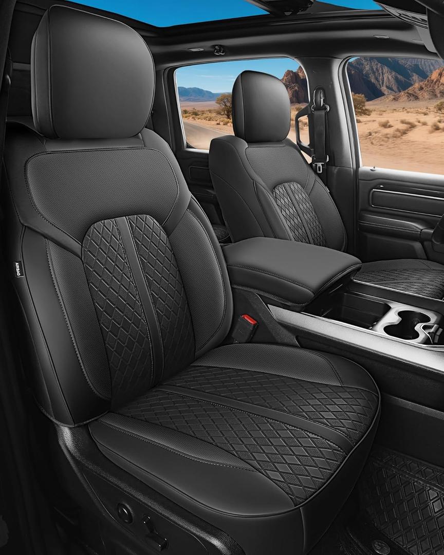 for Dodge Ram Leather Seat Covers, 2019-2026 Crew Cab 1500 Big Horn Rebel Lone Star, Custom Truck Seat Cover Full Set, Pickup Protectors Accessories, Black (40/60 Split Flat Bench)