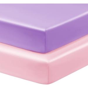 Horbaunal 2 Pack Satin Pack n Play Sheets for Baby with Sensitive Hair and Skin, Silky Mini Crib Sheets 38" x 24" x 5", Soft Playard Sheet Protector Baby Mattress Sheet, Blush Pink & Violet