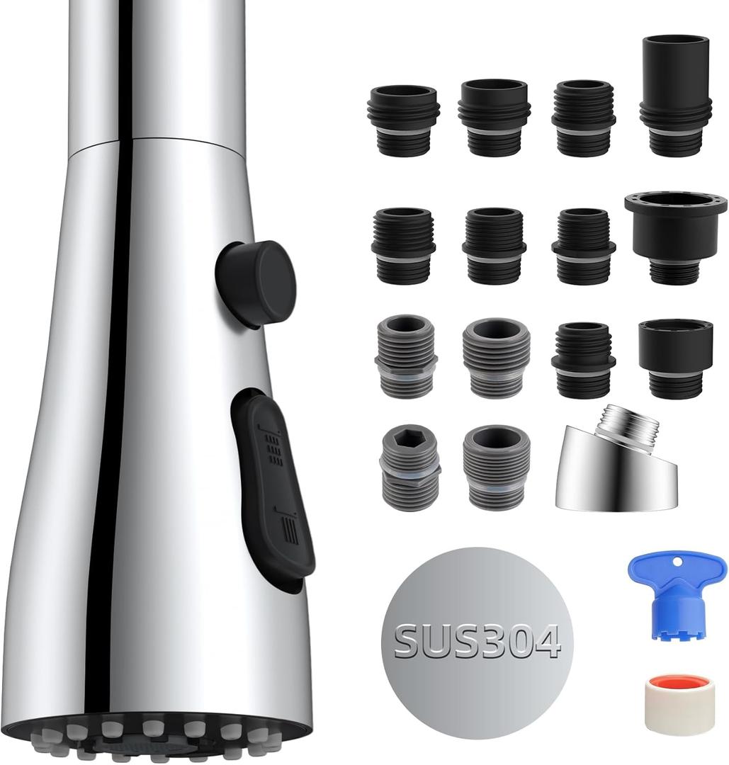 Hibbent Metal Pull Down Spray Head for Kitchen Faucet, Kitchen Sink Spray Nozzle with 15 Adapters, Faucet Head Replacement Compatible with Moen, American Standard, Delta, Kohler Faucet, Chrome