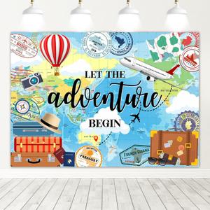 Avezano 7x5ft Adventure Awaits Backdrop Let The Adventure Begin World Map Photography Background Travel Theme Party Banner Decoration Supplies (Blue)