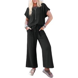 Dokotoo 2 Piece Sets for Women Casual Short Sleeve Summer Tops and High Rise Wide Leg Pants Lounge Sets (Small, Black)
