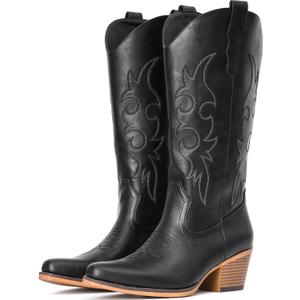 IUV Wide Cowboy Boots For Women Western Cowgirl Boots Mid Calf Snip Toe Boot With Chunky Heel 8
