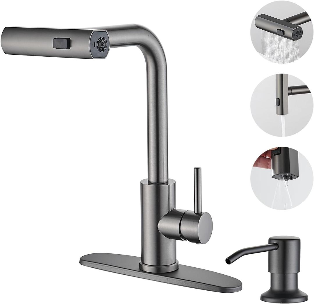 Kicthen Faucets with Pull Down Sprayer, Gun Grey Waterfall Kitchen Sink Faucet with Soap Dispenser, Single Hole Stainless Steel Kitchen Faucet, Modern Single Handle Pull Out Kitchen Faucet