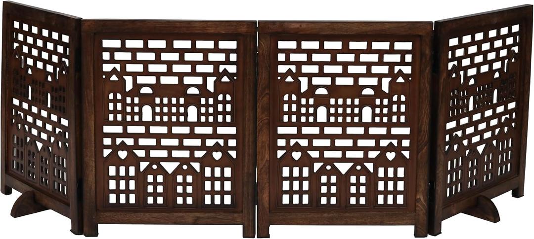 Freestanding Pet Gate for Dogs, Foldable Wooden Dog Gate for House, Indoor Dog Gate for Stair, Doorway, House Design Gates for Dogs Indoor, 72 Inch Wide, (18" x4 Panels 72 inch), Burnt Finish